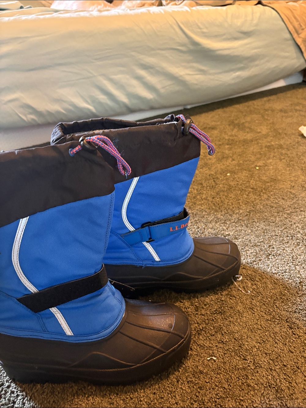 L.L. Bean Kids Blue and Black Winter Snow Boots with Pink Drawcord
